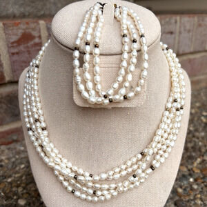 Vintage Faux White Pearl Gold Accent Jewelry Set 5 Strand Necklace & Bracelet